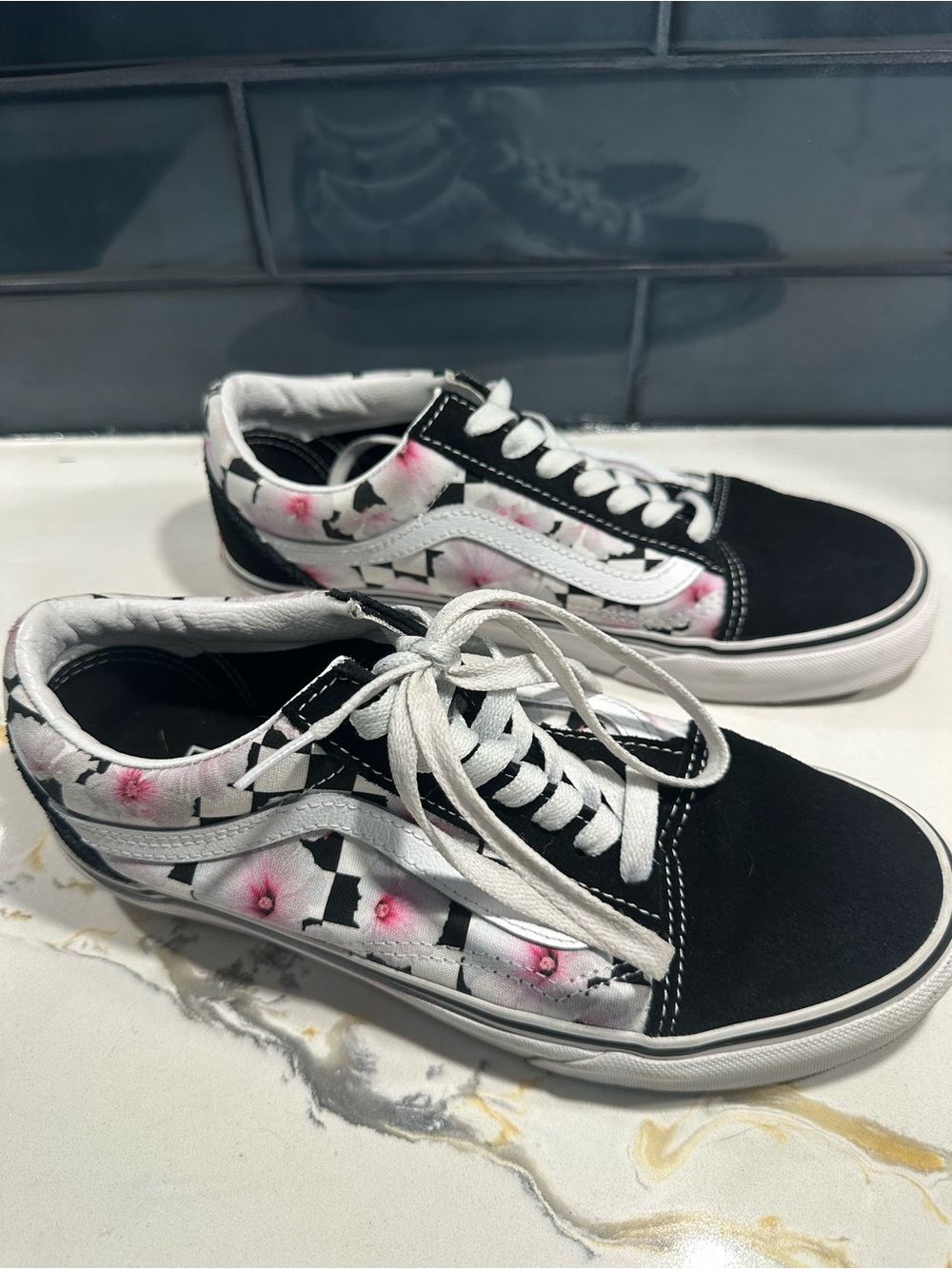 Vans Black White Pink Floral Old Skool Flats